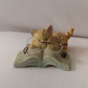 Adorable Vintage Enesco Reading Tabby Cat Figurine on Book with Pipe & Glasses